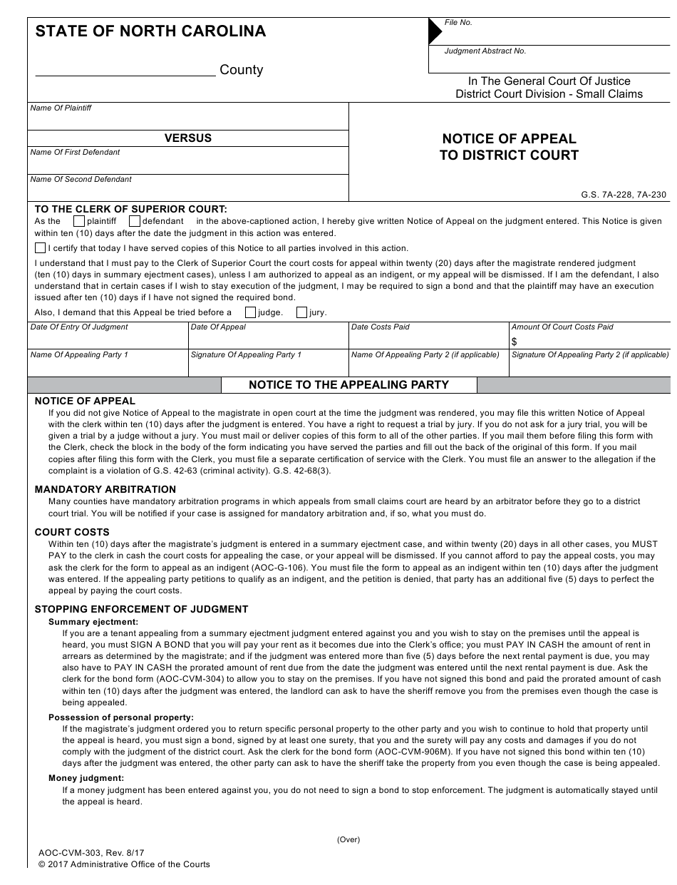 Form AOC CVM 303 Download Fillable PDF Or Fill Online Notice Of Appeal 