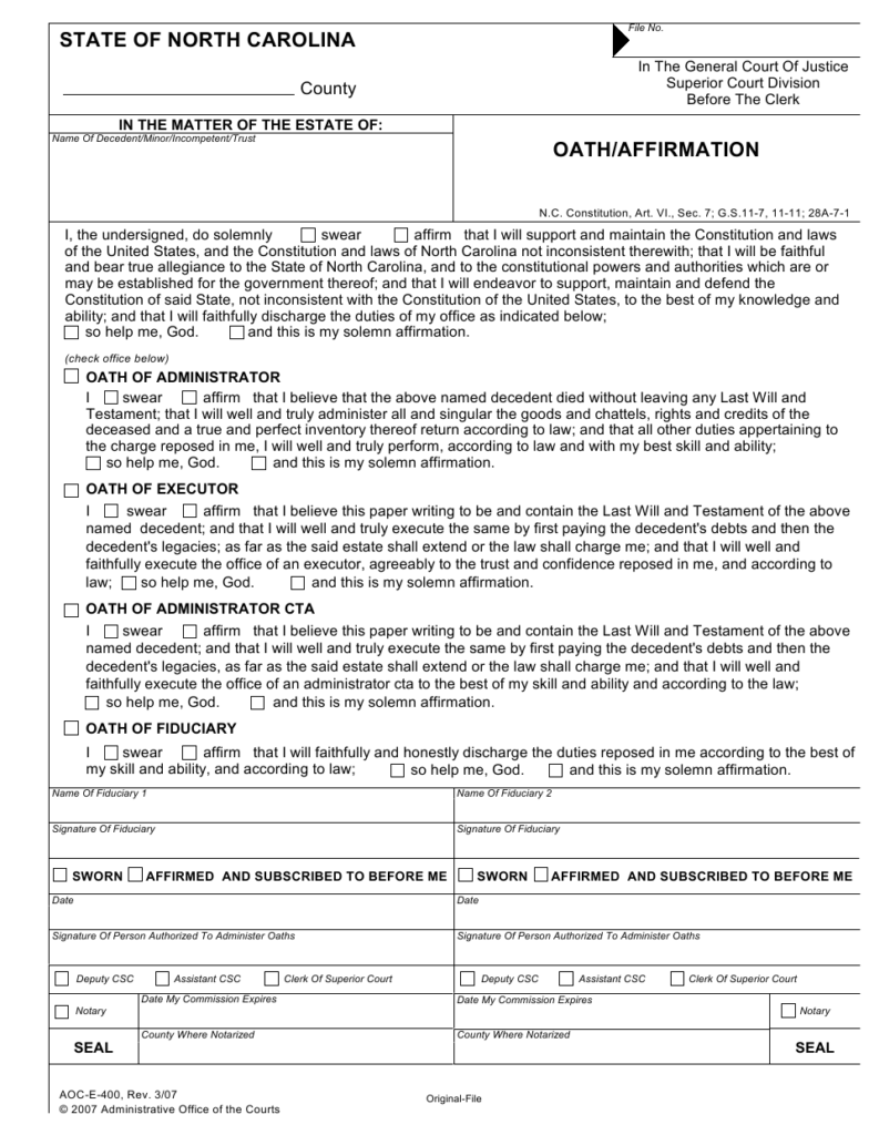 Form AOC E 400 Download Fillable PDF Or Fill Online Oath Affirmation