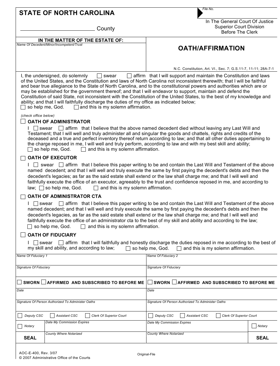 Form AOC E 400 Download Fillable PDF Or Fill Online Oath Affirmation 