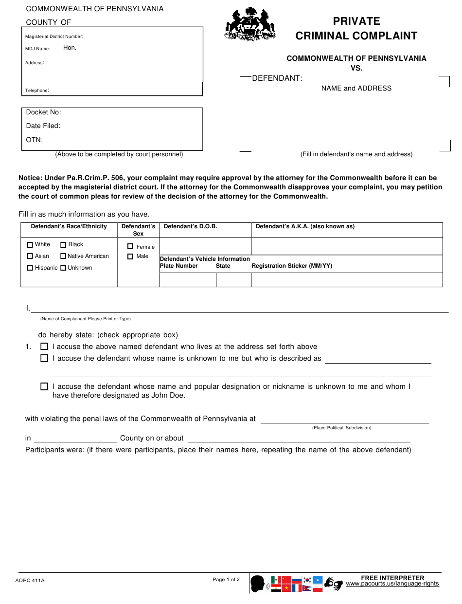 Form AOPC411A Download Fillable PDF Or Fill Online Private Criminal 