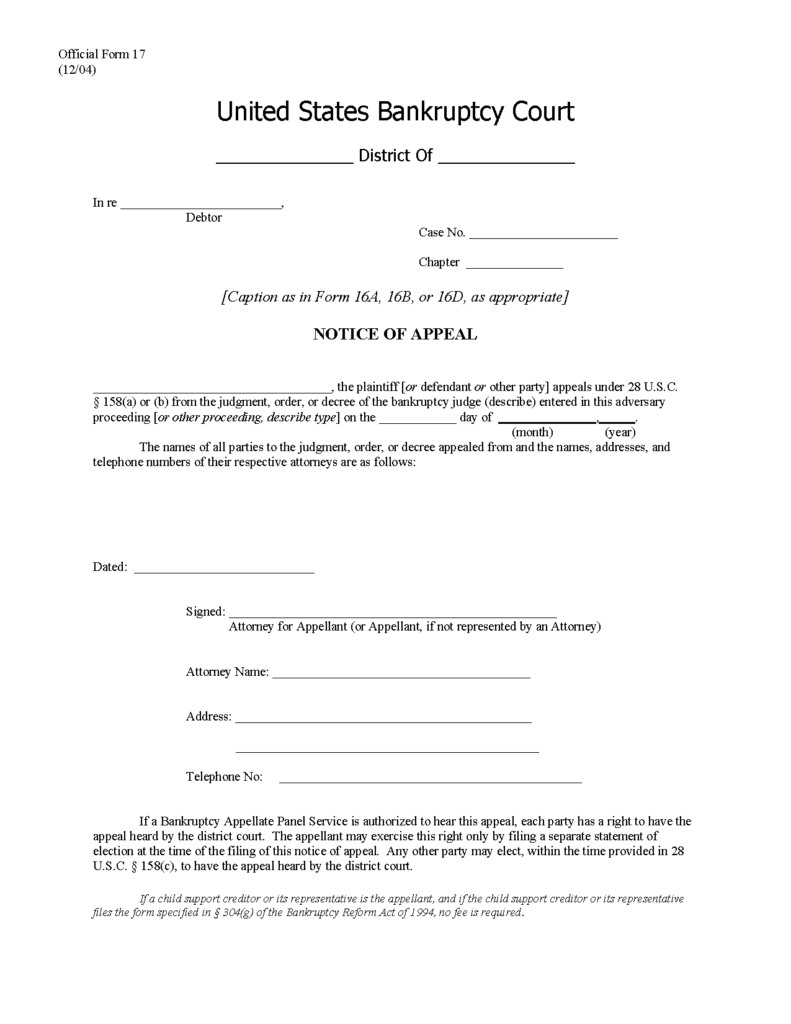 Form B 17 Notice Of Appeal Under 28 U S C 158 a Or b From A