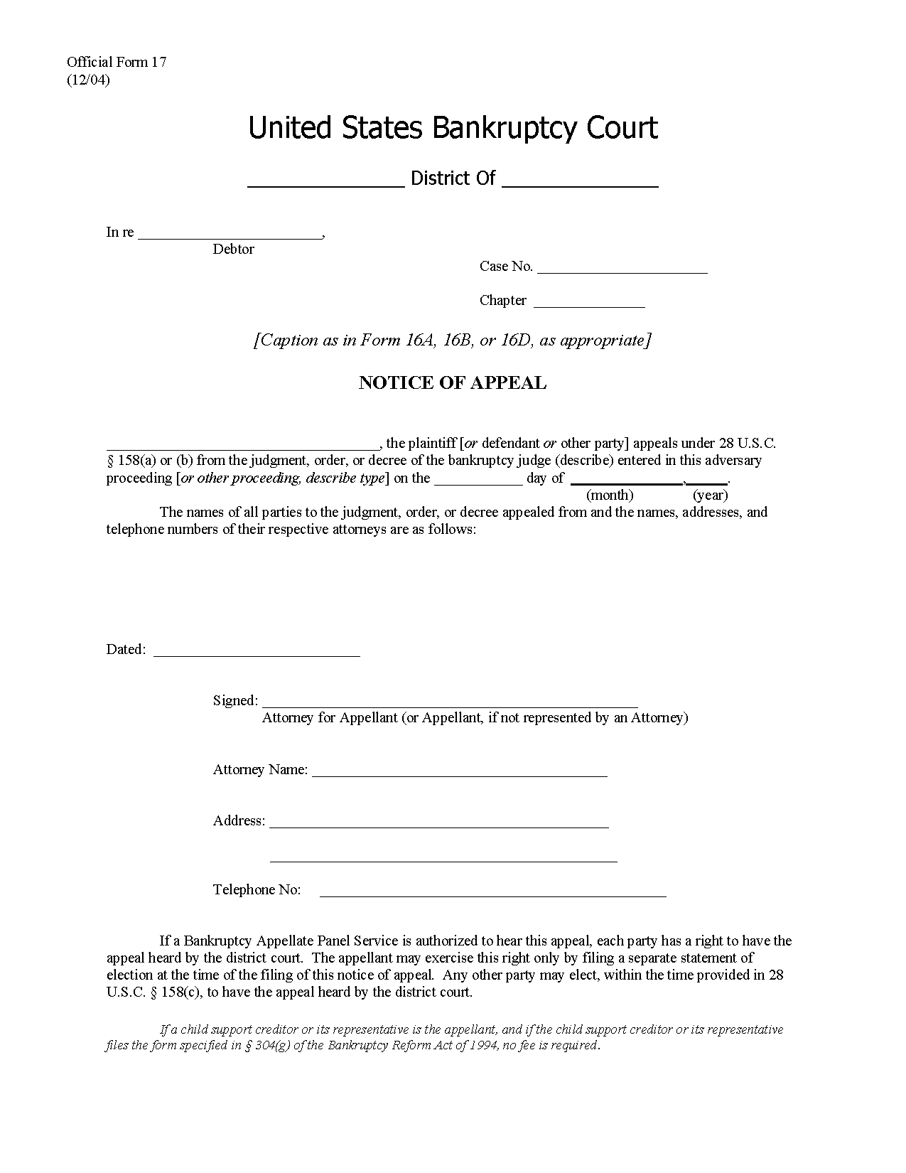 Form B 17 Notice Of Appeal Under 28 U S C 158 a Or b From A 