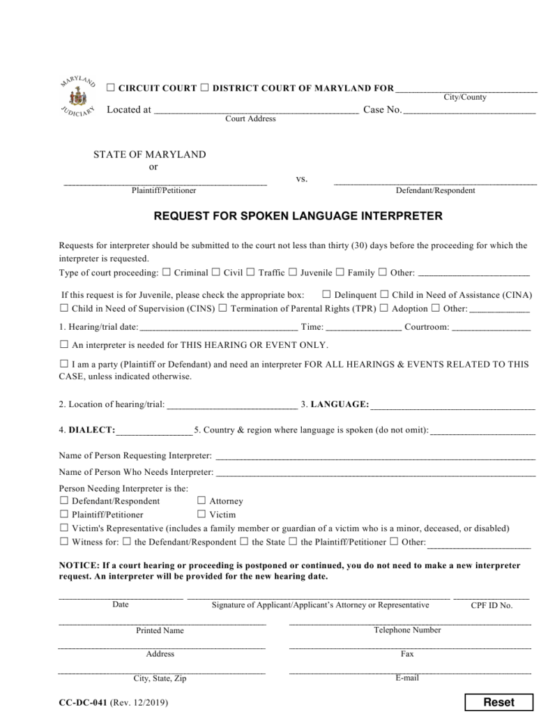 Form CC DC 041 Download Fillable PDF Or Fill Online Request For Spoken 