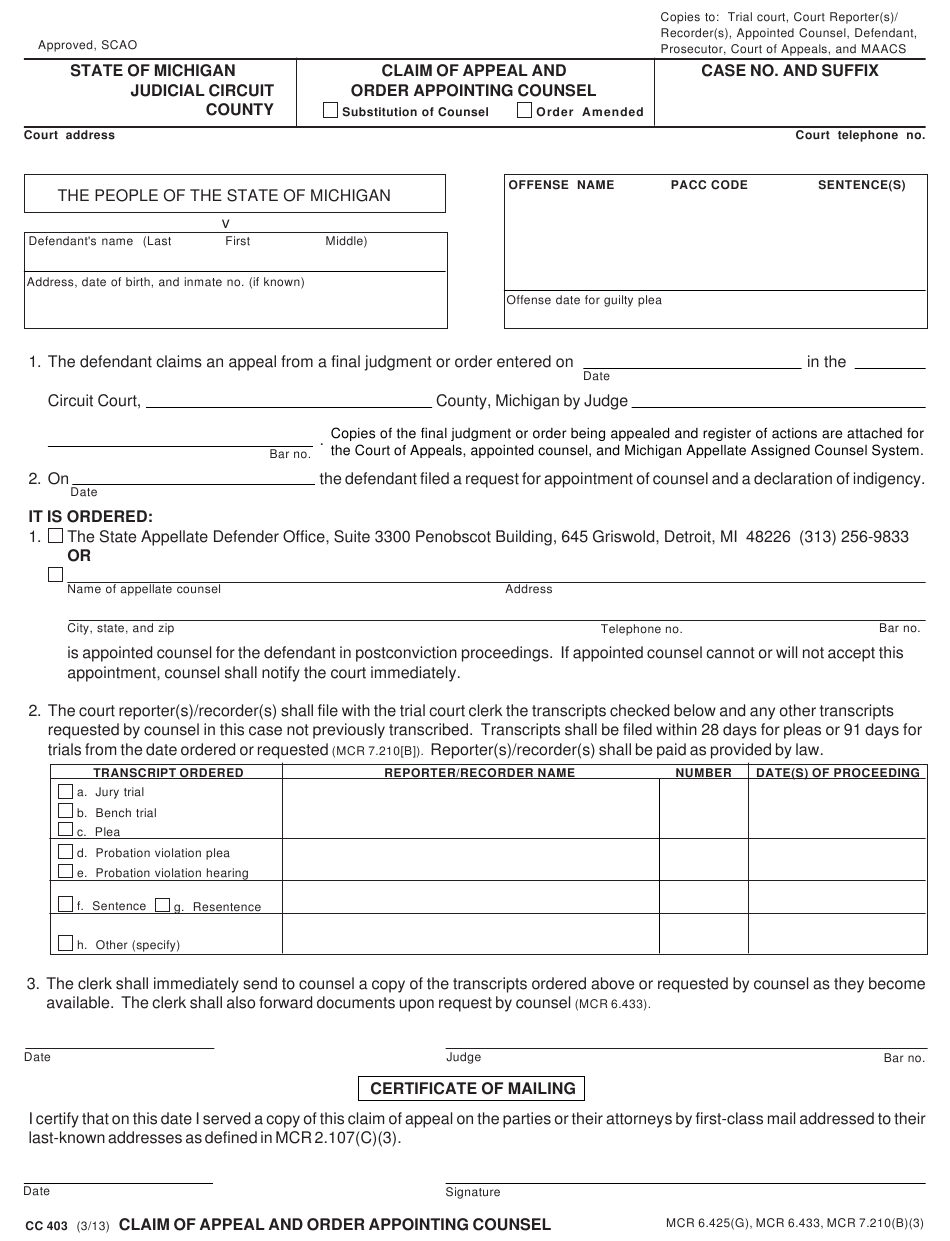 Form CC403 Download Fillable PDF Or Fill Online Claim Of Appeal And 