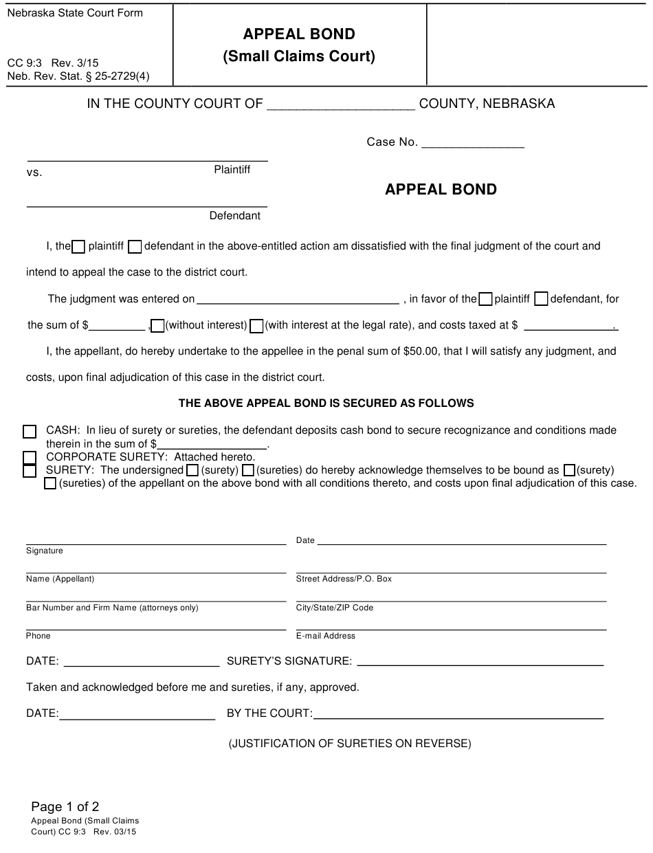 Form CC9 3 Download Fillable PDF Or Fill Online Appeal Bond Small 