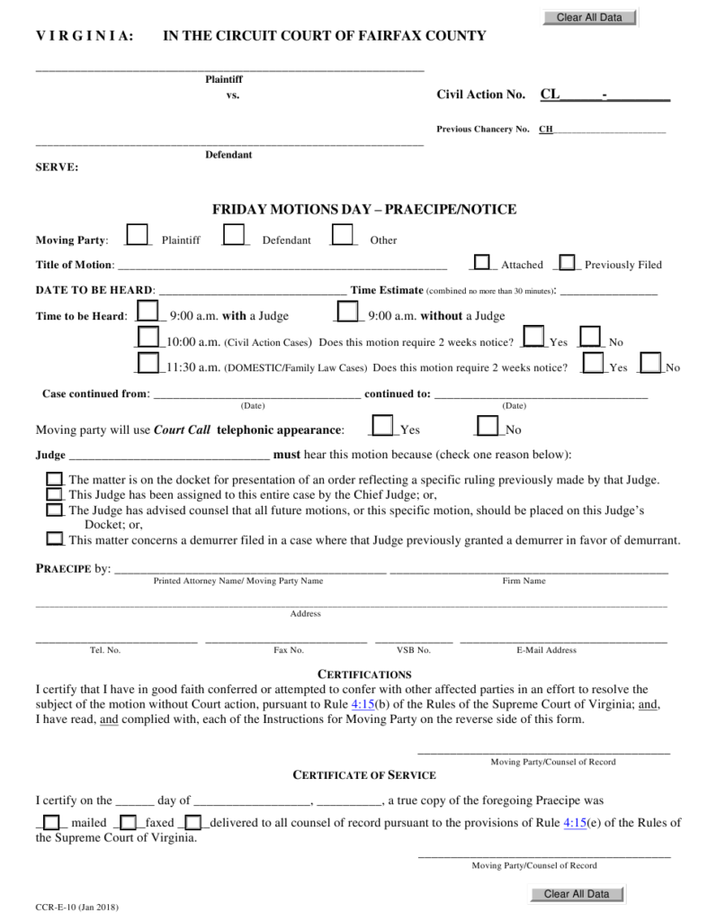 Form CCR E 10 Download Fillable PDF Or Fill Online Friday Civil Motions 