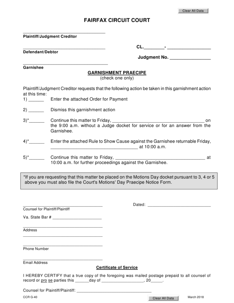 Form CCR G 40 Download Fillable PDF Or Fill Online Garnishment Praecipe