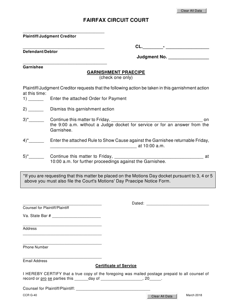 Form CCR G 40 Download Fillable PDF Or Fill Online Garnishment Praecipe 