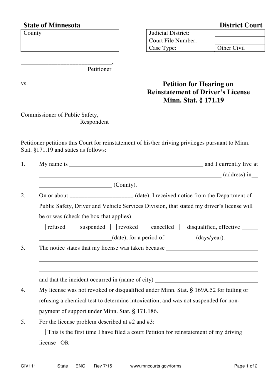 Form CIV111 Download Printable PDF Or Fill Online Petition For Court 