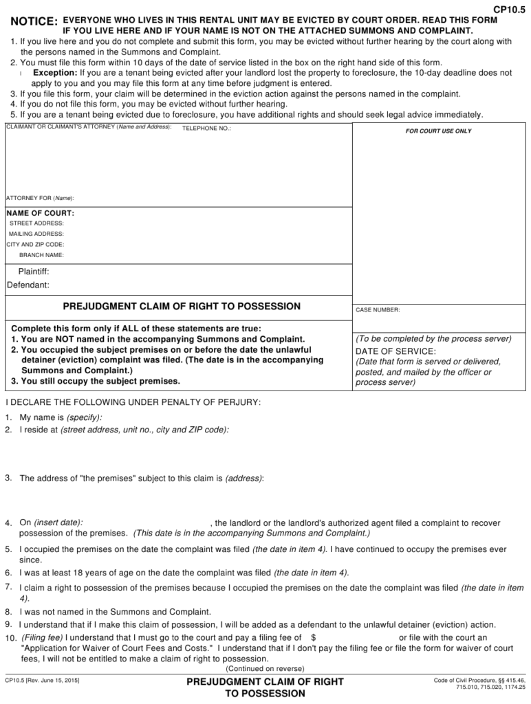 Form CP10 5 Download Fillable PDF Or Fill Online Prejudgment Claim Of 