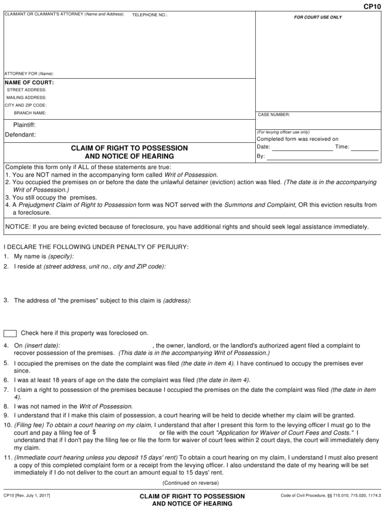 Form CP10 Download Fillable PDF Or Fill Online Claim Of Right To 