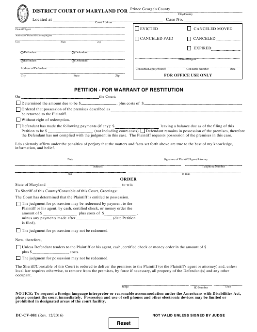 Form DC CV 081 Download Fillable PDF Or Fill Online Petition For 