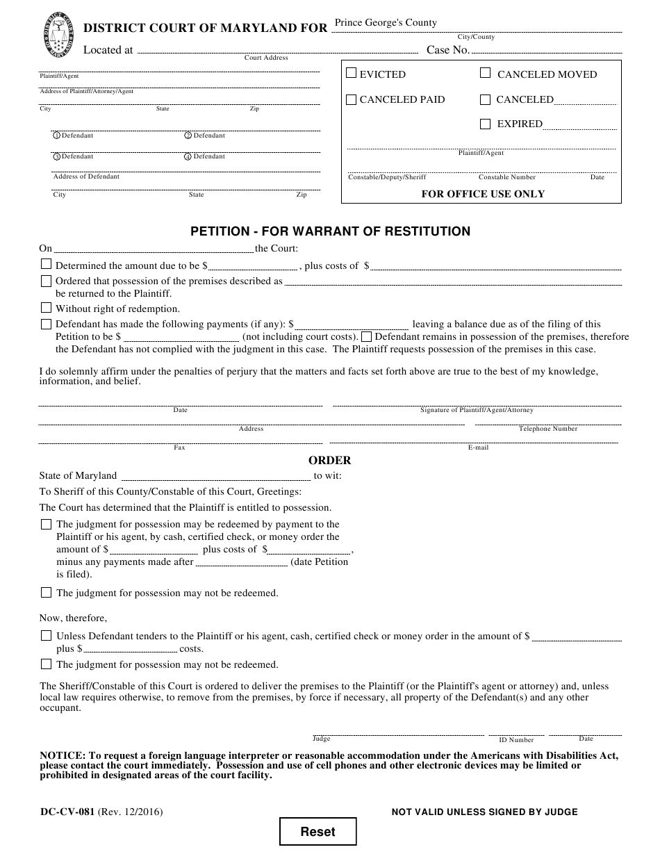 Form DC CV 081 Download Fillable PDF Or Fill Online Petition For 