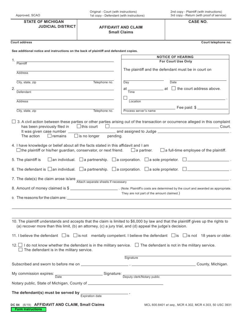 Form DC84 Download Fillable PDF Or Fill Online Affidavit And Claim