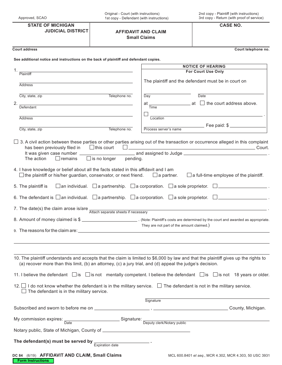 Form DC84 Download Fillable PDF Or Fill Online Affidavit And Claim 