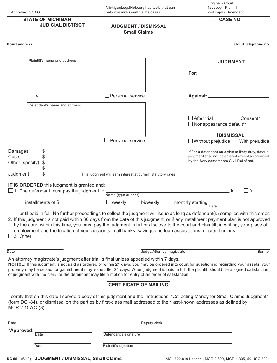 Form DC85 Download Fillable PDF Or Fill Online Judgment Dismissal 