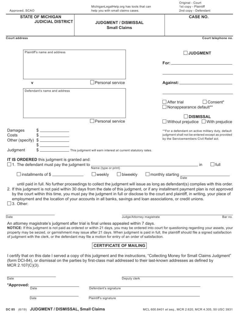 Form DC85 Download Fillable PDF Or Fill Online Judgment Dismissal 