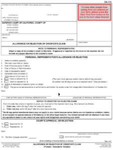 Form DE 174 Download Fillable PDF Or Fill Online Allowance Or Rejection