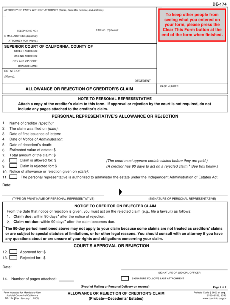 Form DE 174 Download Fillable PDF Or Fill Online Allowance Or Rejection 