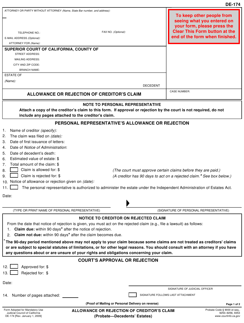 Form DE 174 Download Fillable PDF Or Fill Online Allowance Or Rejection 