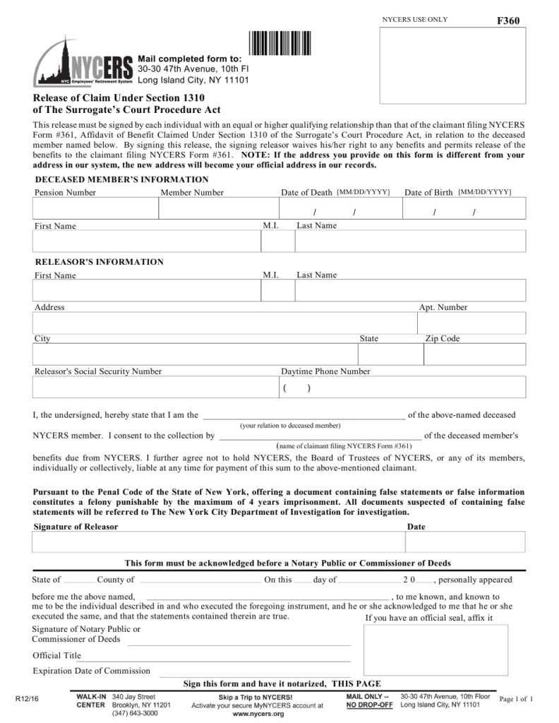 Form F360 Download Fillable PDF Or Fill Online Release Of Claim Under 