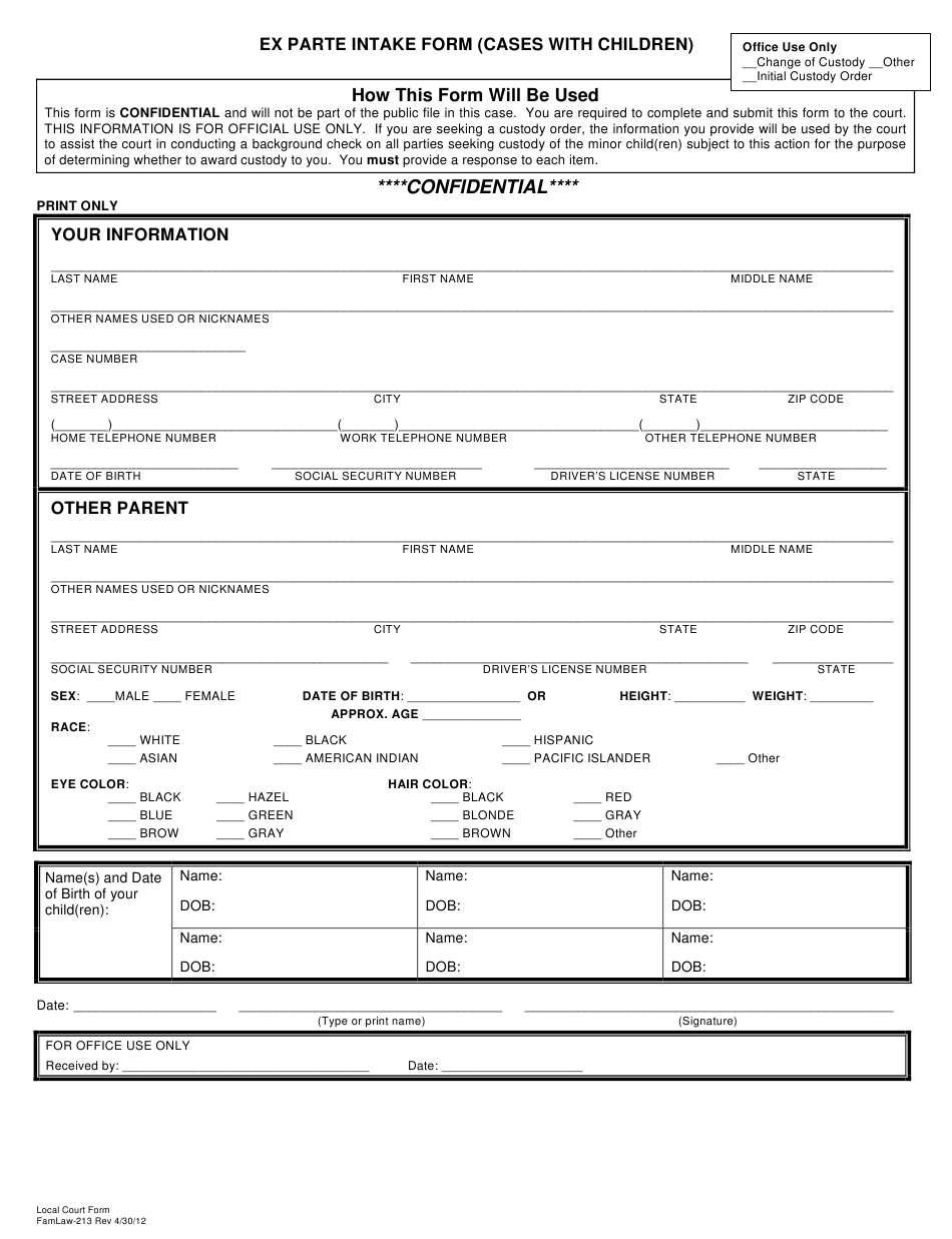 Form FamLaw 213 Download Printable PDF Or Fill Online Ex Parte Intake 