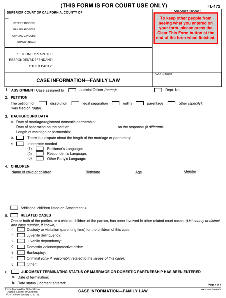 Form FL 172 Download Fillable PDF Or Fill Online Case Information 