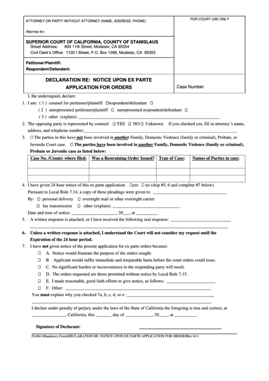 Form Fl004 Declaration Re Notice Upon Ex Parte Application For 