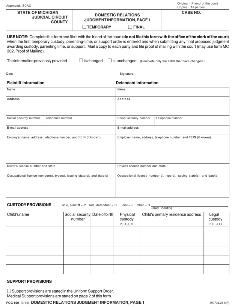 Form FOC100 Download Fillable PDF Or Fill Online Domestic Relations 