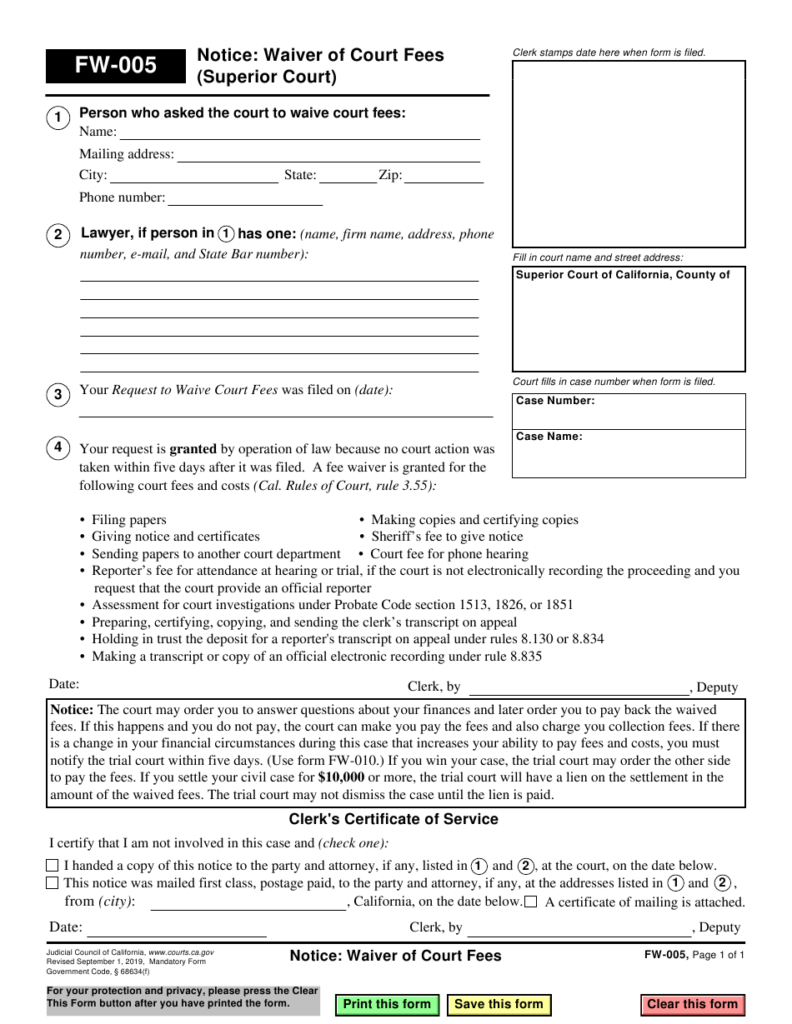 Form FW 005 Download Fillable PDF Or Fill Online Notice Waiver Of 