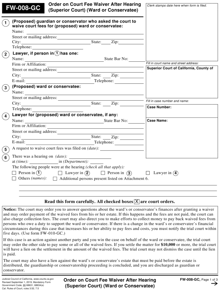 Form FW 008 GC Download Fillable PDF Or Fill Online Order On Court Fee 