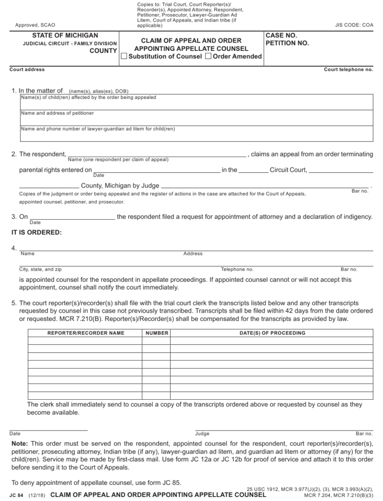 Form JC84 Download Fillable PDF Or Fill Online Claim Of Appeal And 