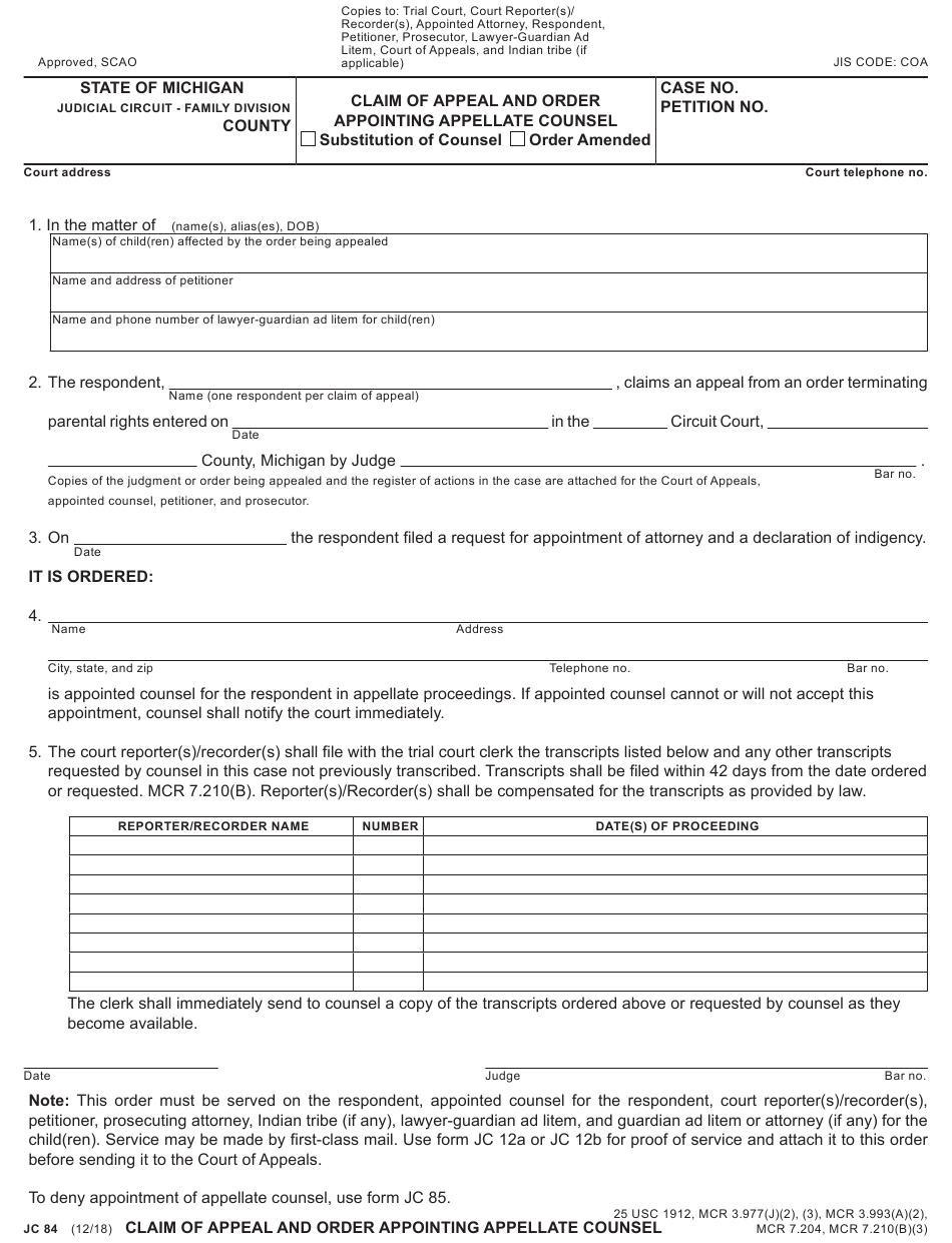 Form JC84 Download Fillable PDF Or Fill Online Claim Of Appeal And 