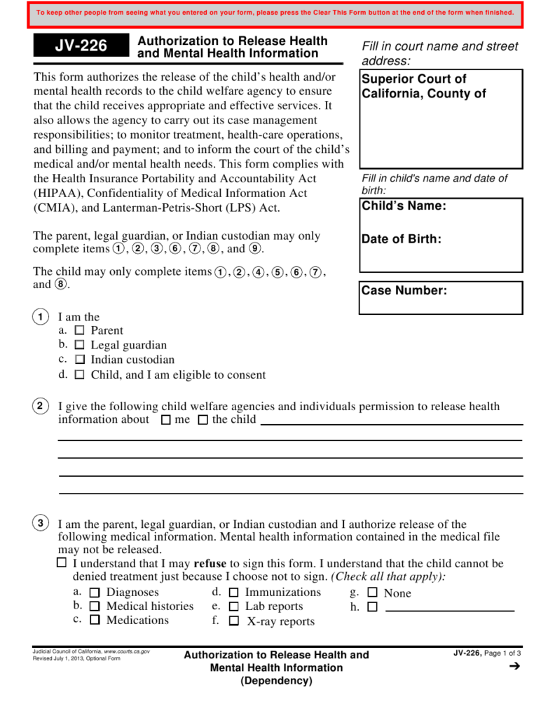 Form JV 226 Download Fillable PDF Or Fill Online Authorization To