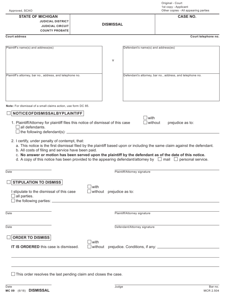 Form MC09 Download Fillable PDF Or Fill Online Dismissal Michigan 