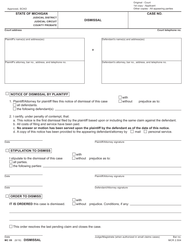 Form MC09 Download Fillable PDF Or Fill Online Dismissal Michigan 