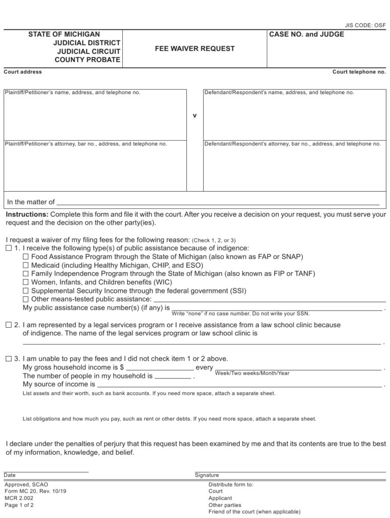 Form MC20 Download Fillable PDF Or Fill Online Fee Waiver Request