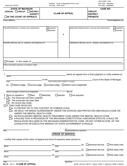 Form MC55 Download Fillable PDF Or Fill Online Claim Of Appeal Michigan 