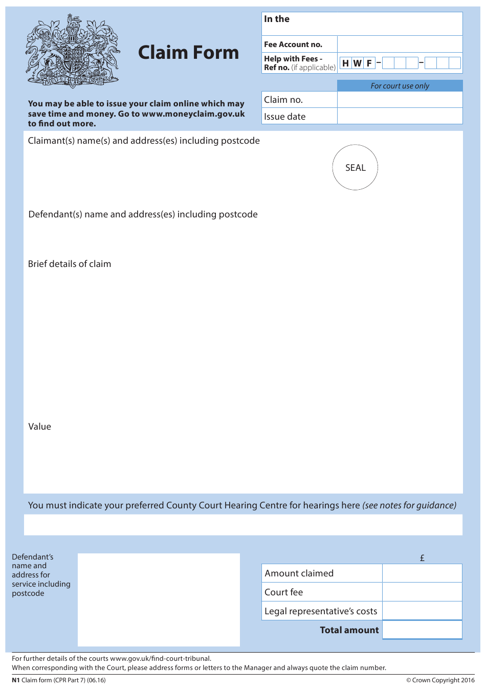 Form N1 Download Fillable PDF Or Fill Online Claim Form Cpr Part 7 