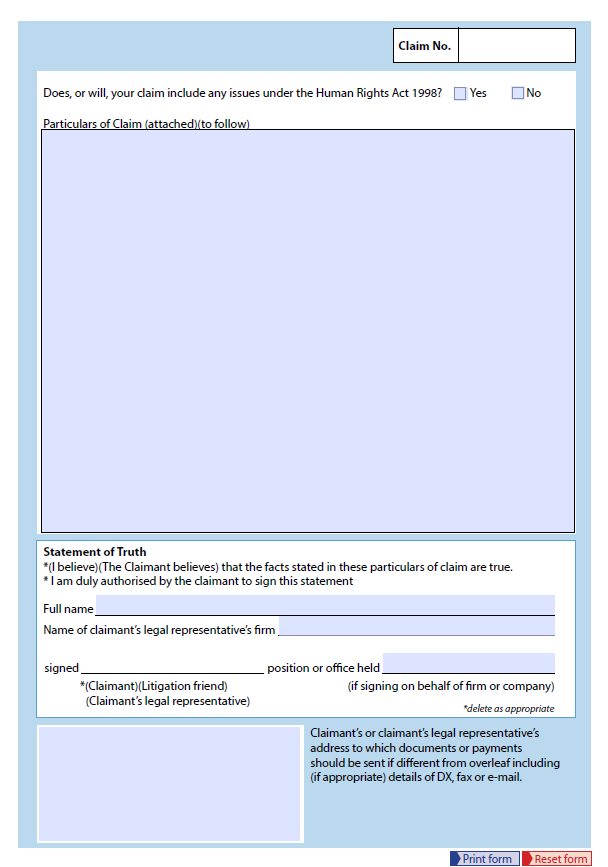 Form N1 Issue A Claim In The County Court For Money Part 7 