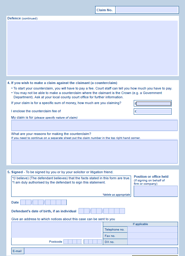 Form N9b Defence And Counterclaim Defend County Court Claim 