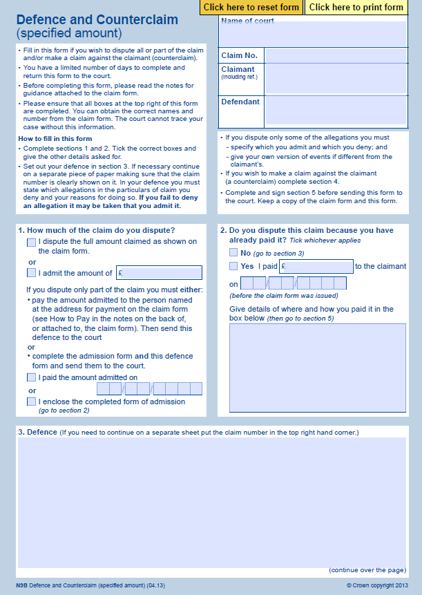 Form N9b Defence And Counterclaim Defend County Court Claim 