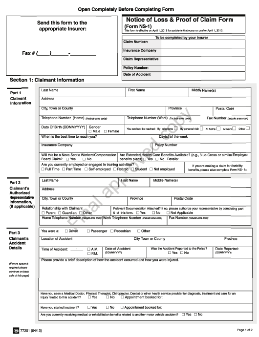 Form NS 1 Download Printable PDF Or Fill Online Notice Of Loss Proof 