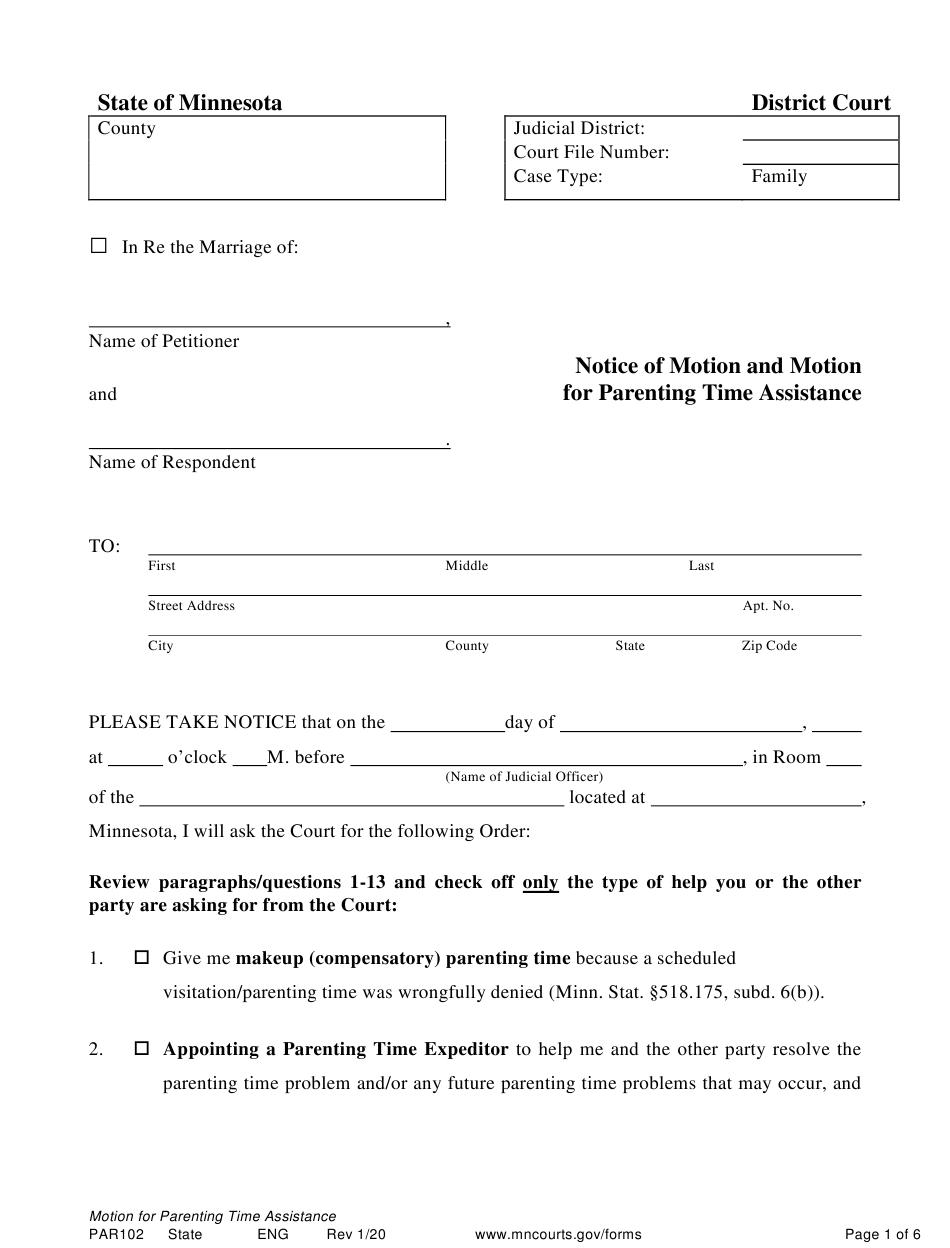 Form PAR102 Download Printable PDF Or Fill Online Notice Of Motion And 