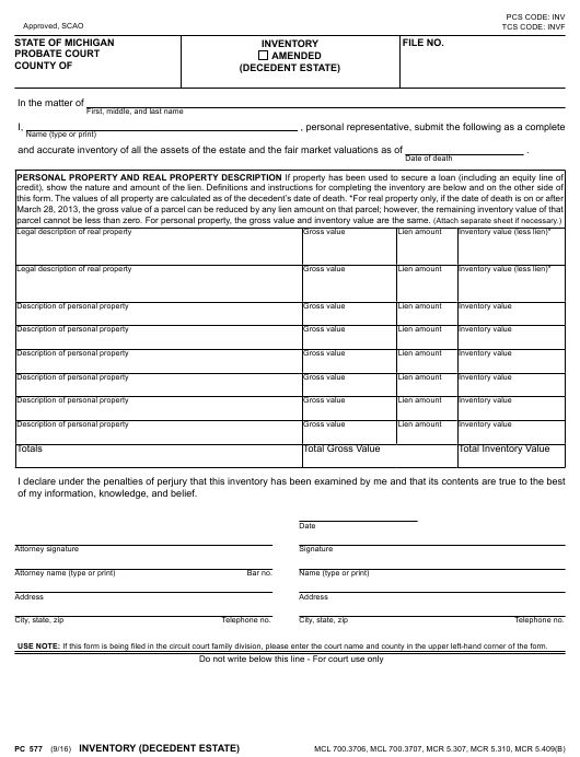 Form PC577 Download Fillable PDF Or Fill Online Inventory Decedent 