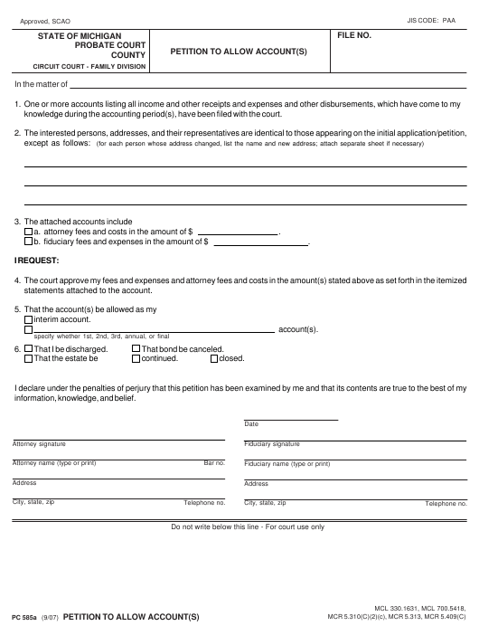 Form PC585A Download Fillable PDF Or Fill Online Petition To Allow 