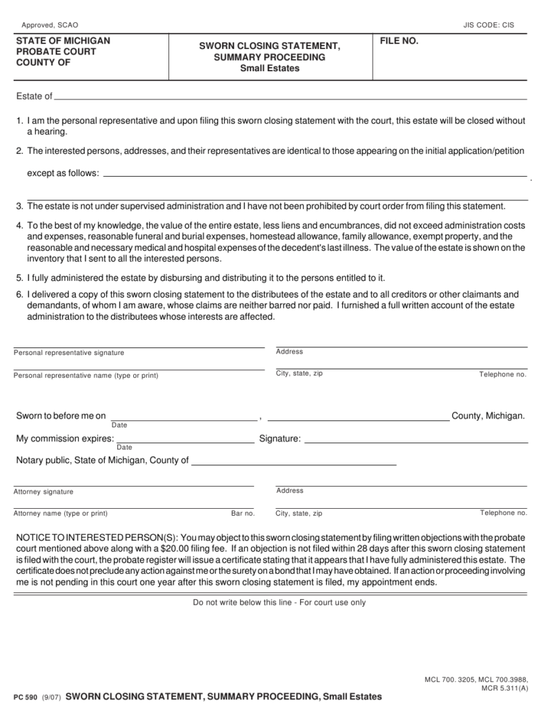 Form PC590 Download Fillable PDF Or Fill Online Sworn Closing Statement