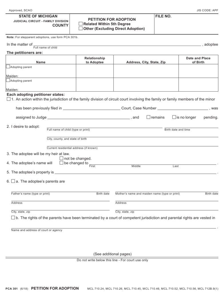 Form PCA301 Download Fillable PDF Or Fill Online Petition For Adoption