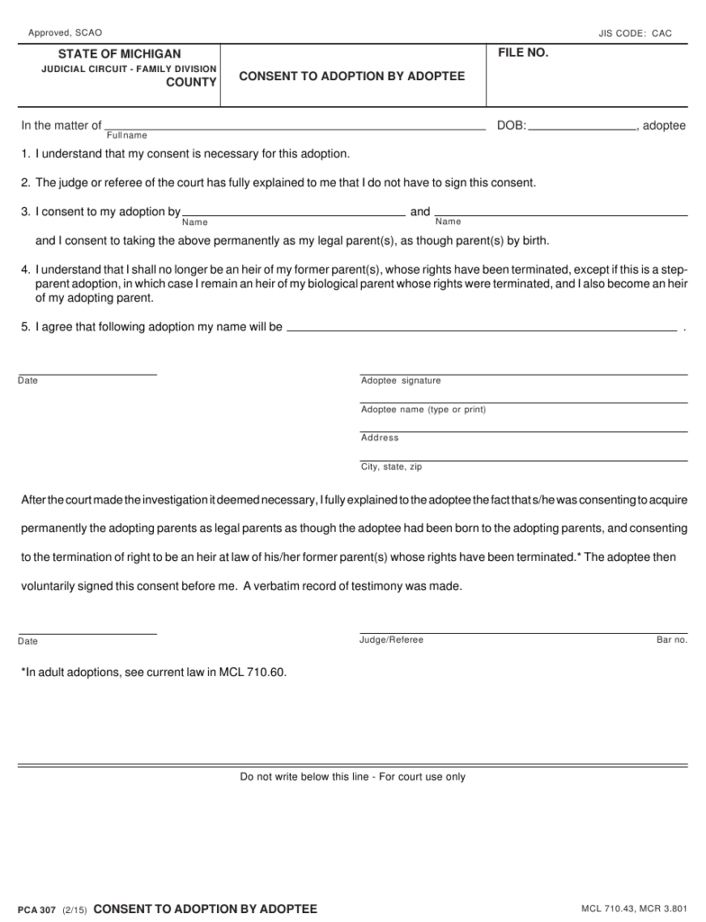 Form PCA307 Download Fillable PDF Or Fill Online Consent To Adoption By 