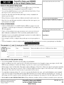 Form SC 100 Download Fillable PDF Or Fill Online Plaintiff s Claim And